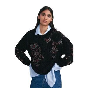 Zara Black Chenille Embellished Sweater Women’s M Beaded Sequin Velvet Floral
